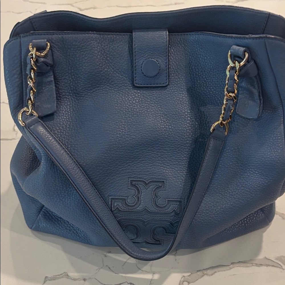 Tory Burch Navy Pebbled Leather Tote with Gold Chain-Accent Straps